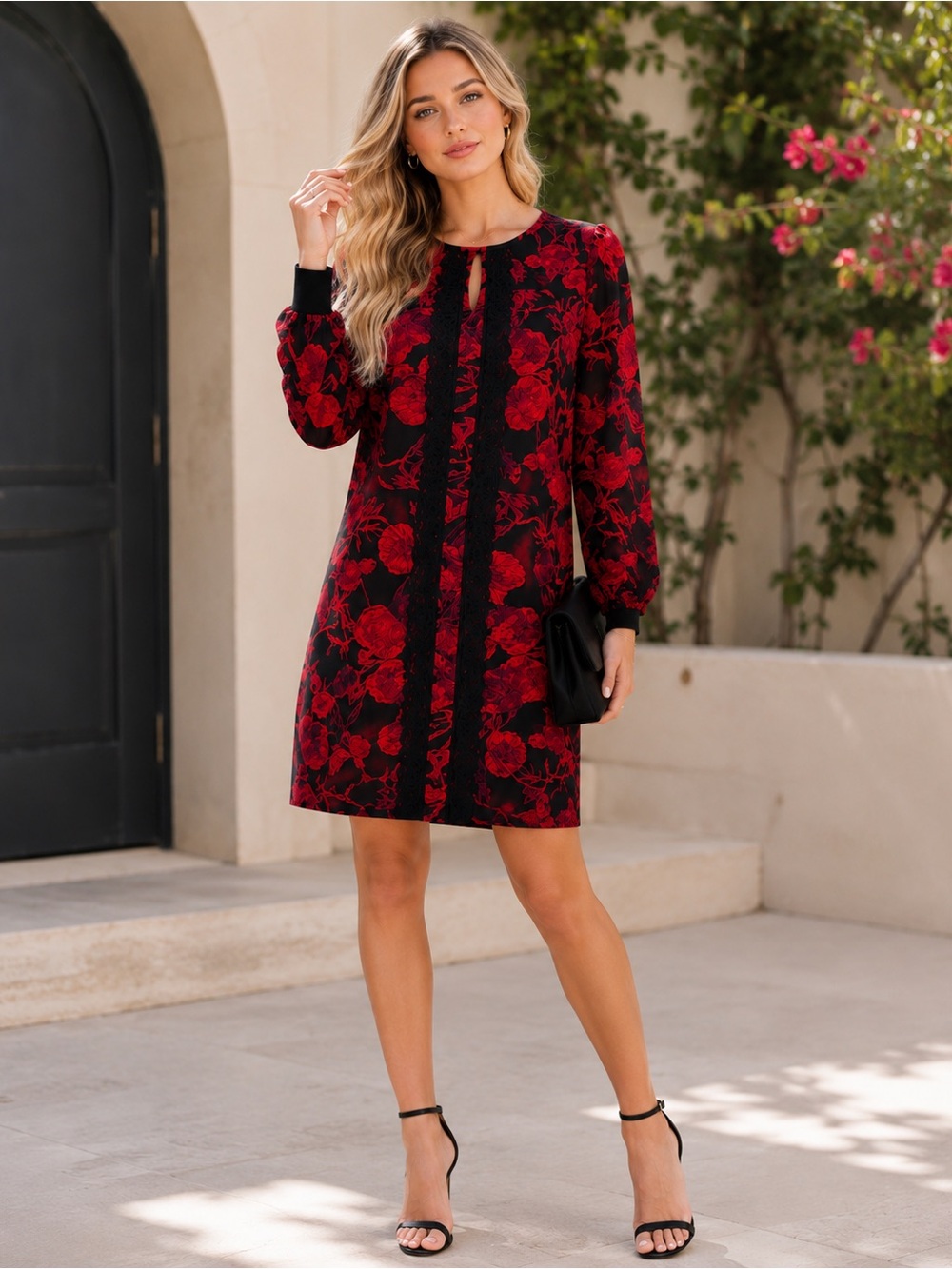 Eva Mendes Red & Black Floral Shift Dress | Size M | Elegant Lace Detail